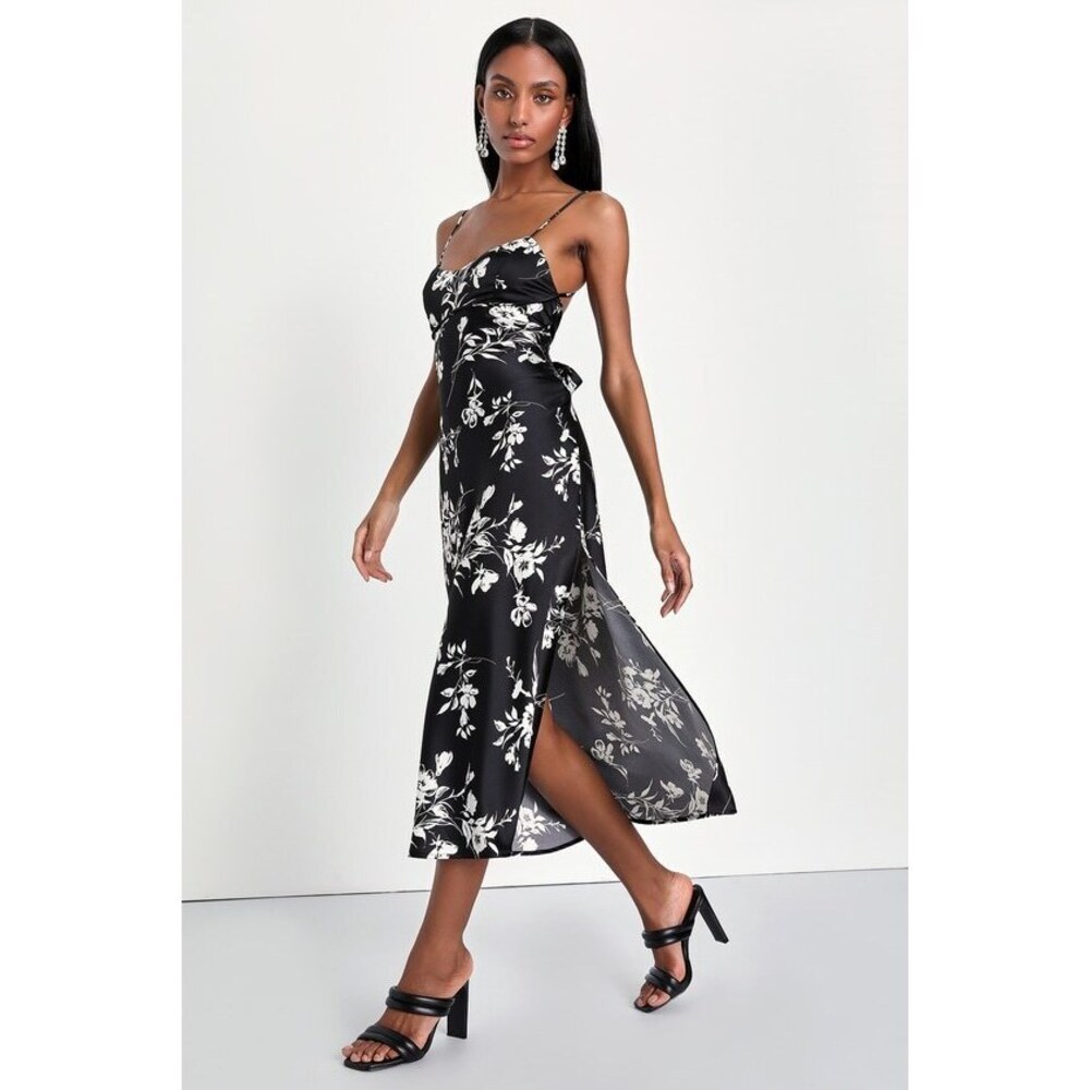 Black Floral Print Tie-back Midi Dress - Size S